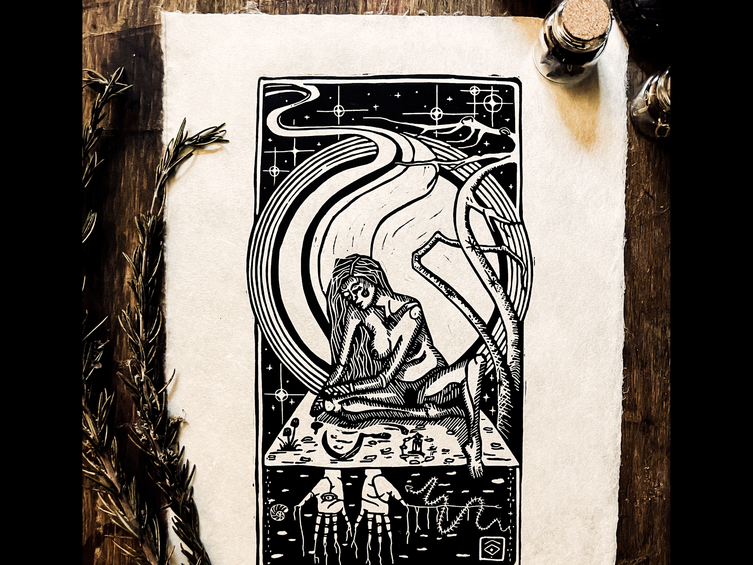 Black and white line art illustration of a woman with long hair sitting on a surface, surrounded by celestial and cosmic elements, with abstract shapes and patterns beneath and above her. She has a thoughtful expression and is in a contemplative pose.