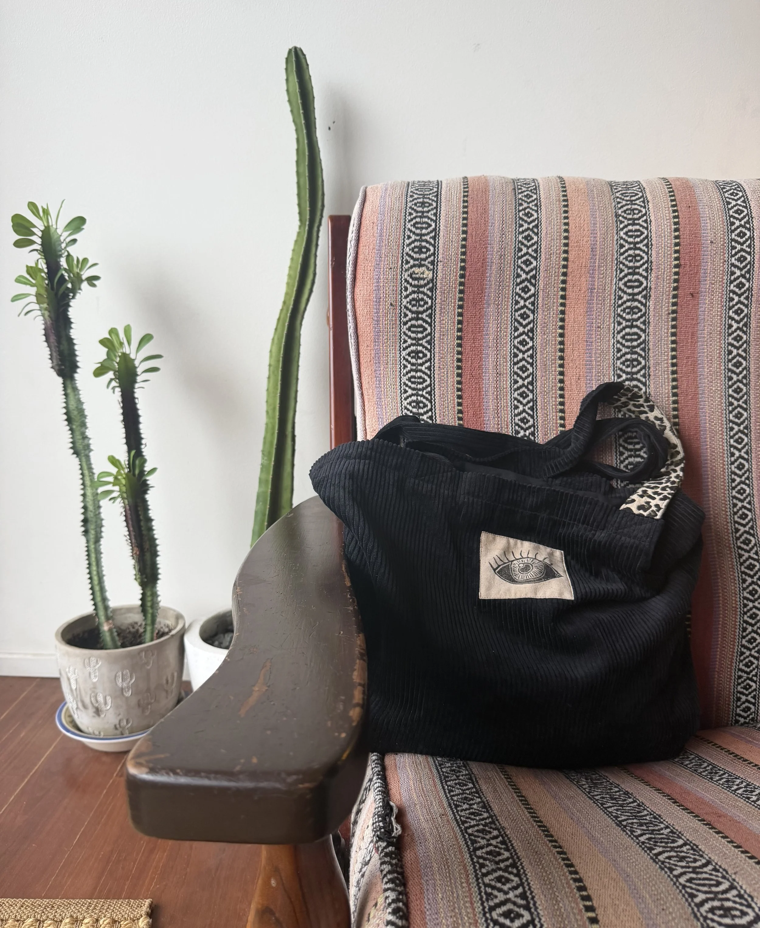 A furniture piece with a black bag on it, a cactus plant, and a smaller plant in pots, all against a white wall.