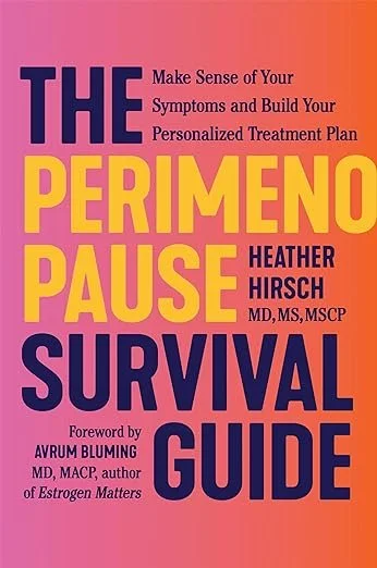 Book cover titled 'The Perimenopause Survival Guide' by Heather Hirsch, with a foreword by Avrum Bluming. The cover features a pink and orange background with bold purple and yellow text.