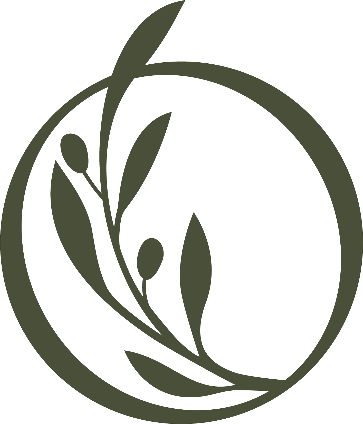 A dark green circular logo with a stylized branch and leaves inside.