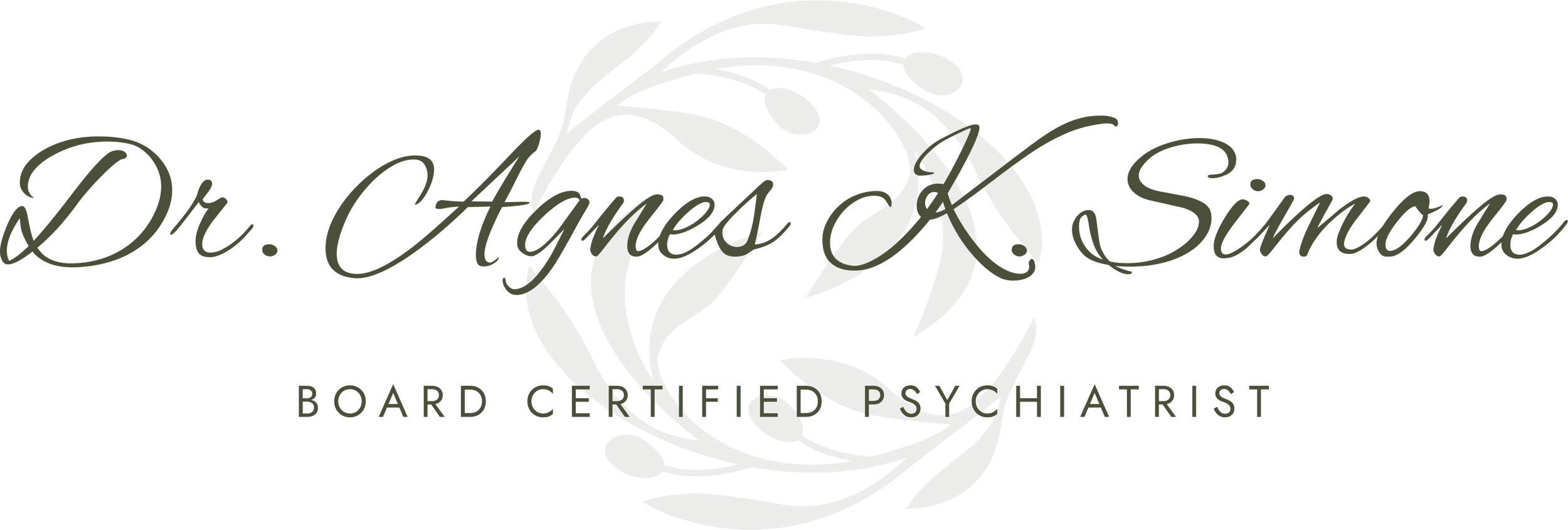 Logo for Dr. Aques Simone, a board-certified psychiatrist, featuring cursive text and olive branch graphics.