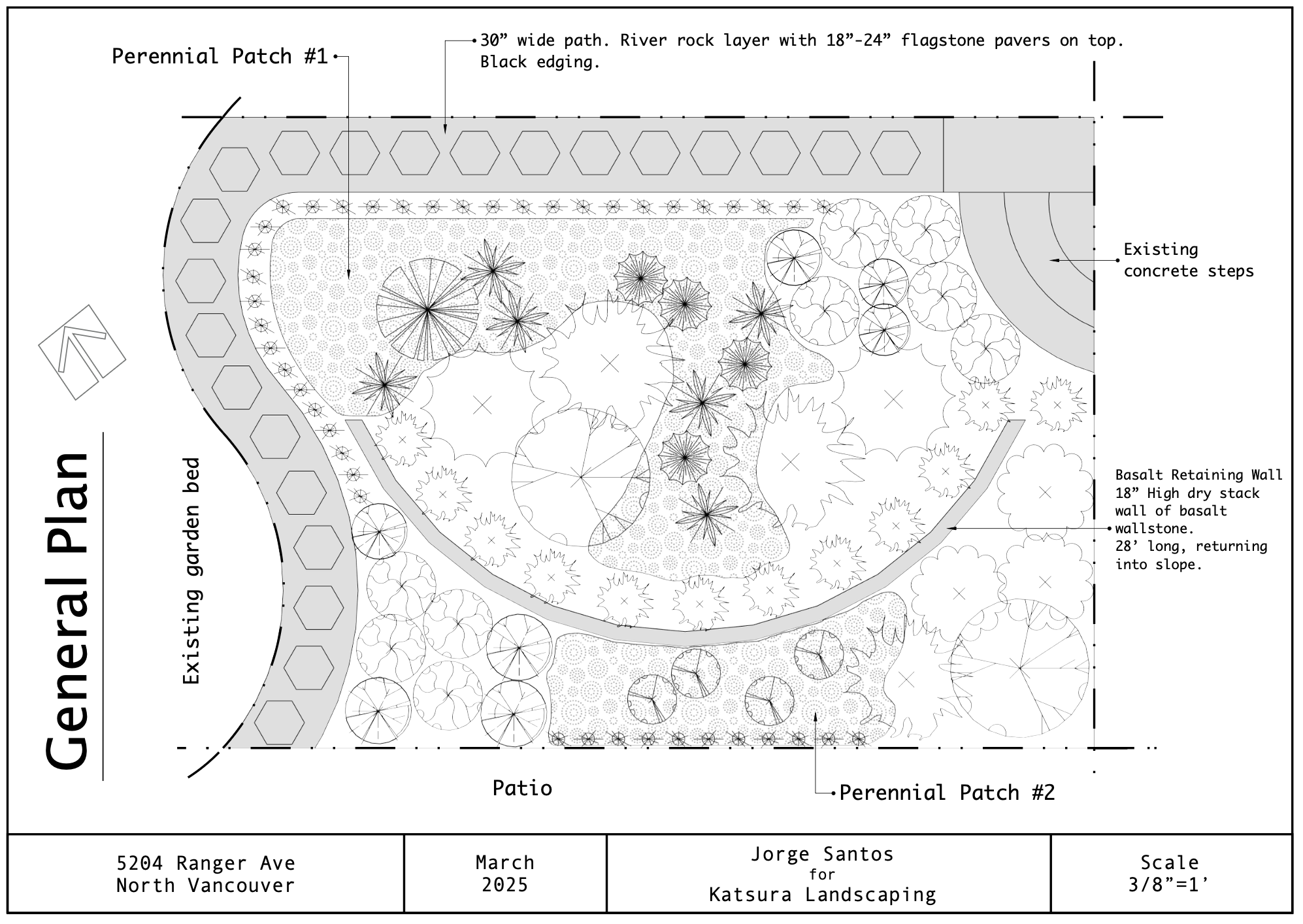 Landscape design plan for a backyard with pathways, planting beds, existing concrete steps, and a retaining wall of basalt stone. Includes labels for various features such as perennial patches, garden bed, patio, and details about pathway width and b