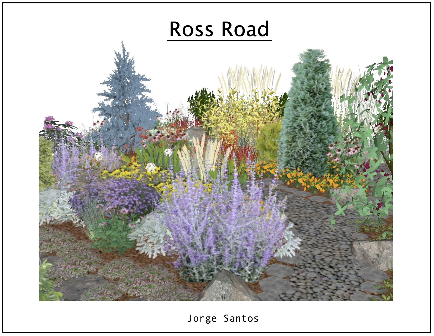 Colorful garden with a variety of flowers, trees, and a stone path, titled "Ross Road" by Jorge Santos.