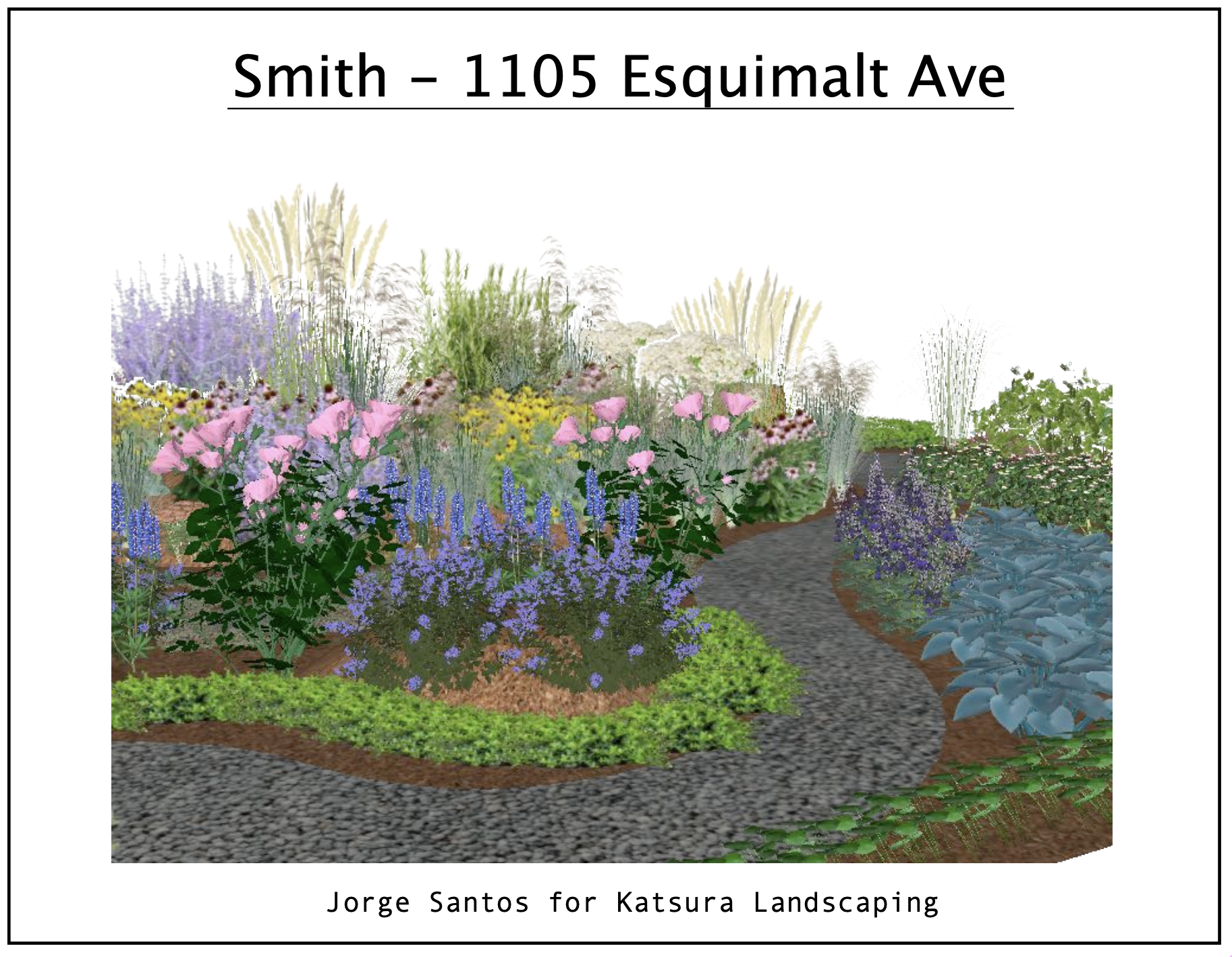 A colorful garden landscape with various flowers, plants, and a gravel pathway, designed by Jorge Santos for Katsura Landscaping.