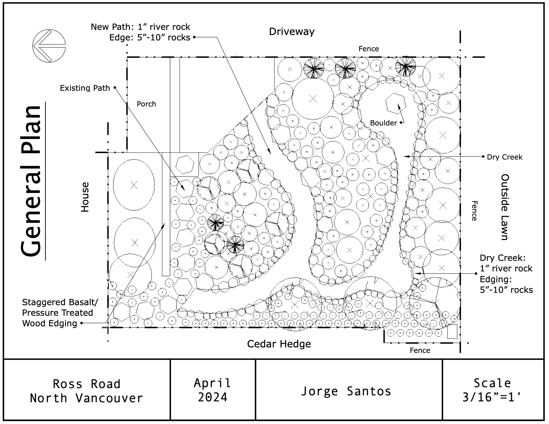 A detailed landscape architectural plan shows an area with a house, cedar hedge, and various landscaping features. The plan includes details about river rock, boulder placement, dry creek, fencing, a porch, and existing paths, with specific measureme