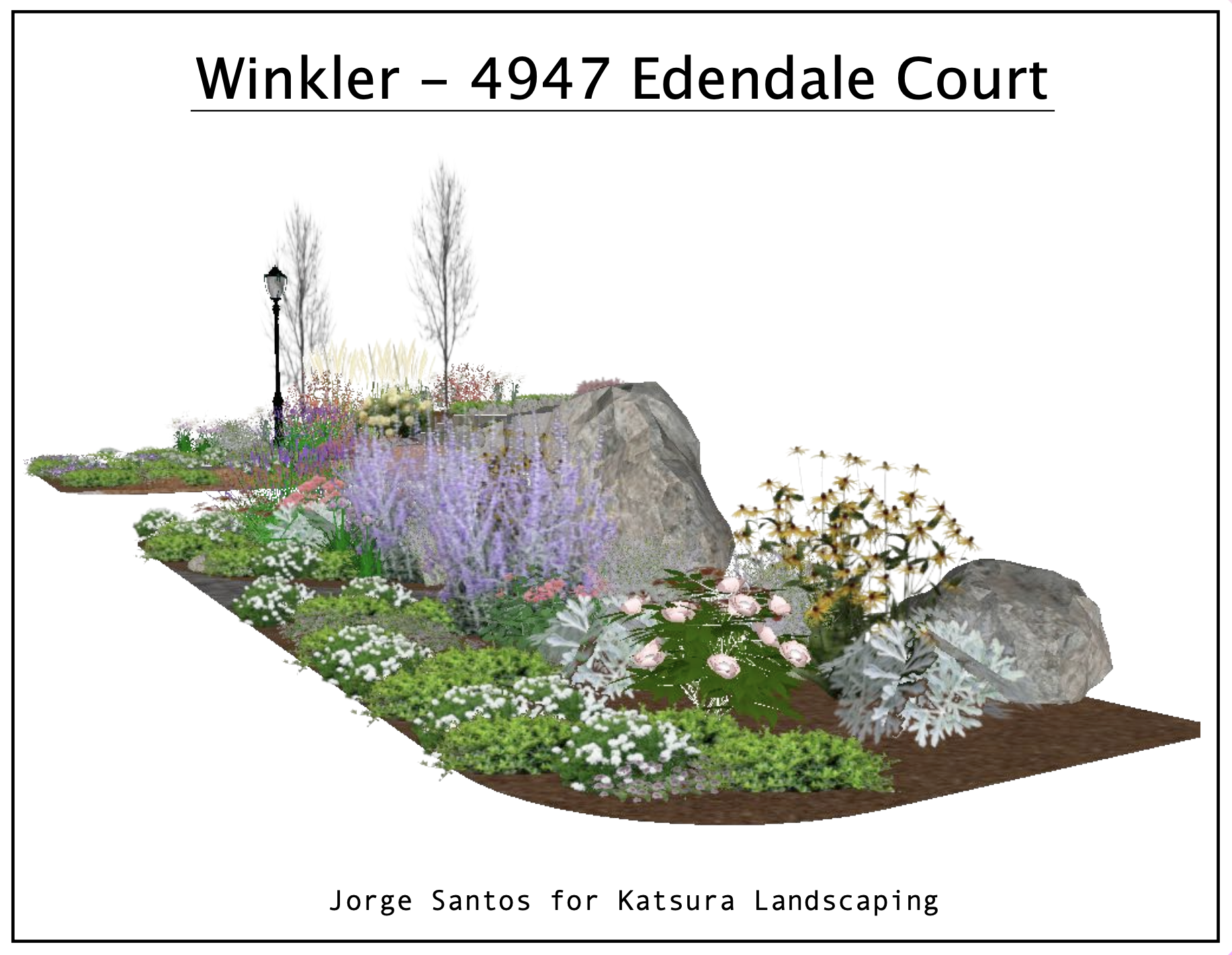 Landscape of a garden with various colorful plants, flowers, trees, rocks, and a street lamp, designed by Jorge Santos for Katsura Landscaping.