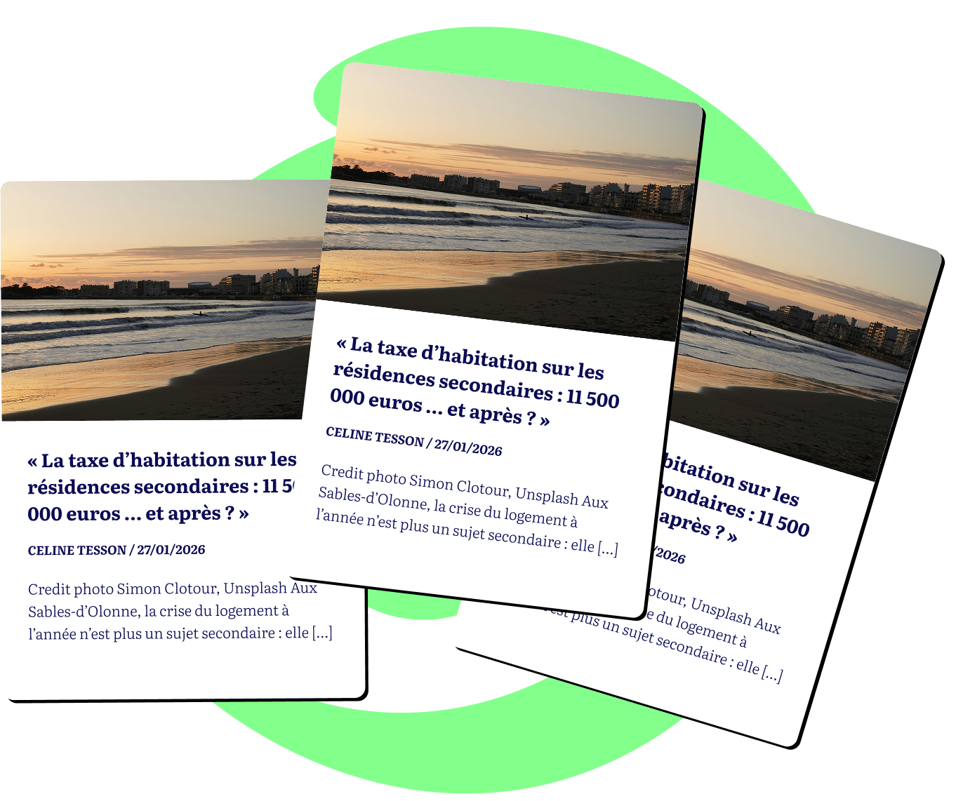 Une image avec un fond de plage au coucher du soleil et un article en français à l'avant avec le titre : "La taxe d’habitation sur les résidences secondaires : 11 500 euros ... et après ?"