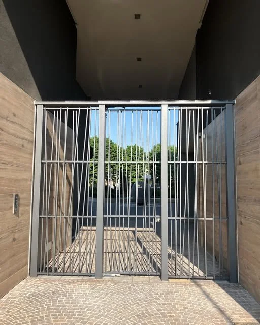 Cancello con sbarre in metallo, che limita l'accesso a un'area esterna con alberi e automobili visibili in lontananza.