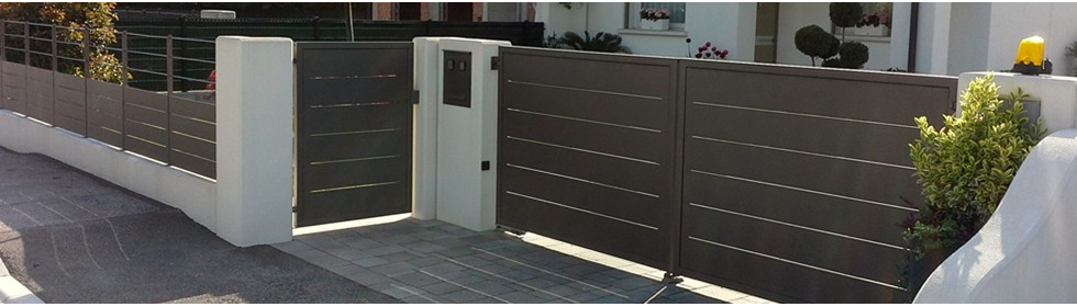 Vetrata di recinzione di casa moderna con cancello specifico, in metallo nero, con piante decorative lungo il muro