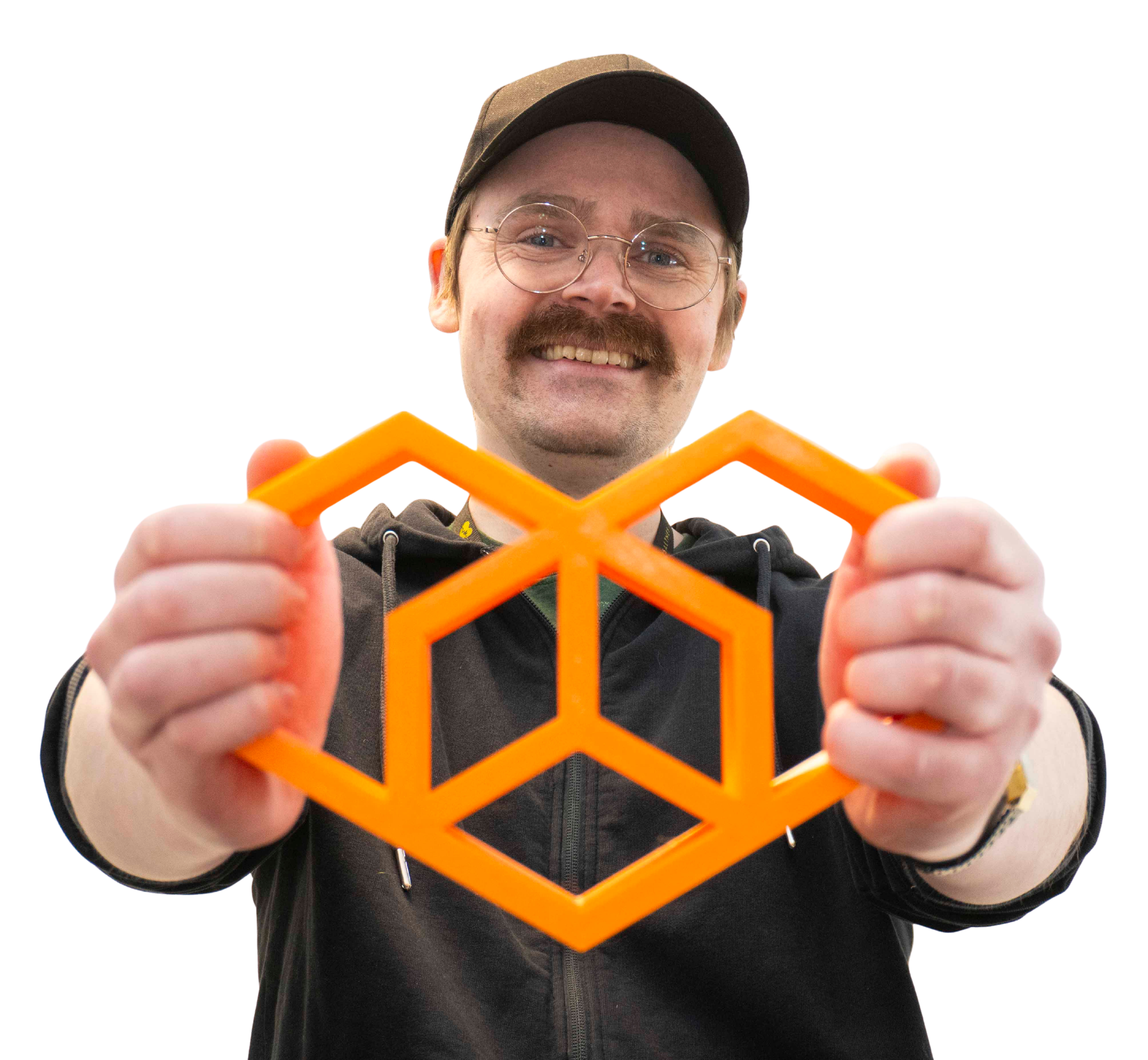 member holding the logo as a heartshape in his hands