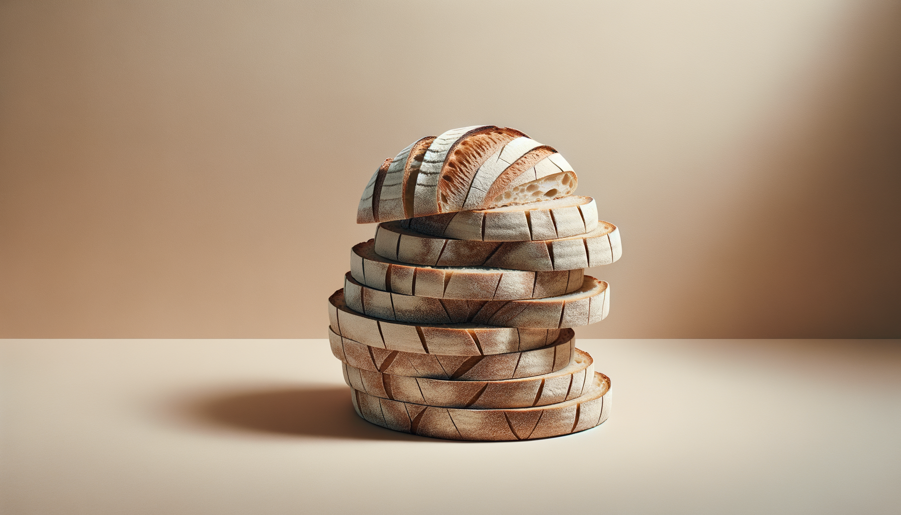 Stack of sliced wood resembling an egg, with a smooth beige background and shadow on the left.