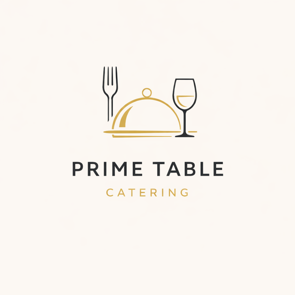 Logo for Prime Table Catering featuring a fork, cloche, and wine glass.