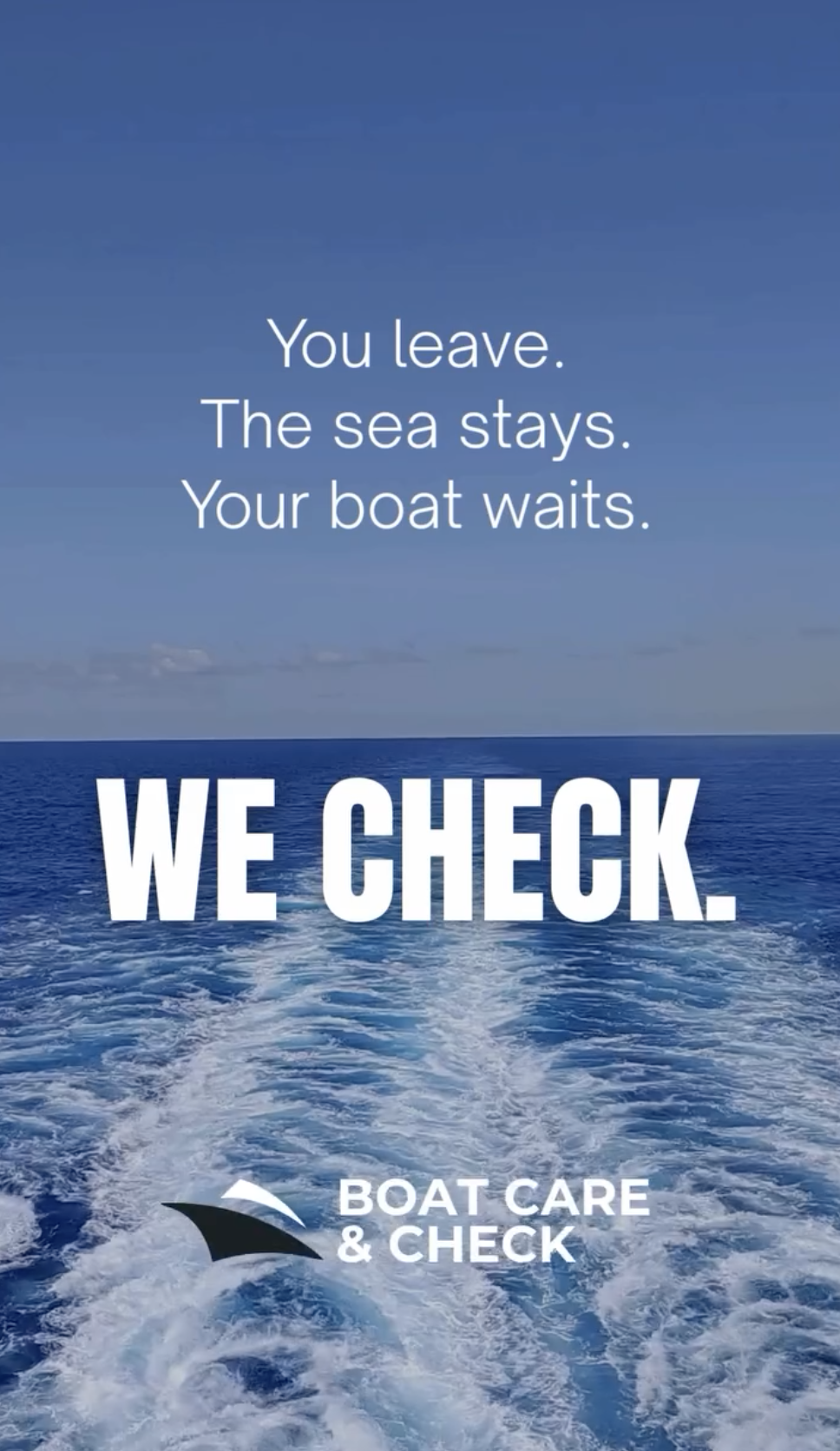 A boat moving through the ocean, leaving a trail of wake behind. Overlaid text about boat care and check services.