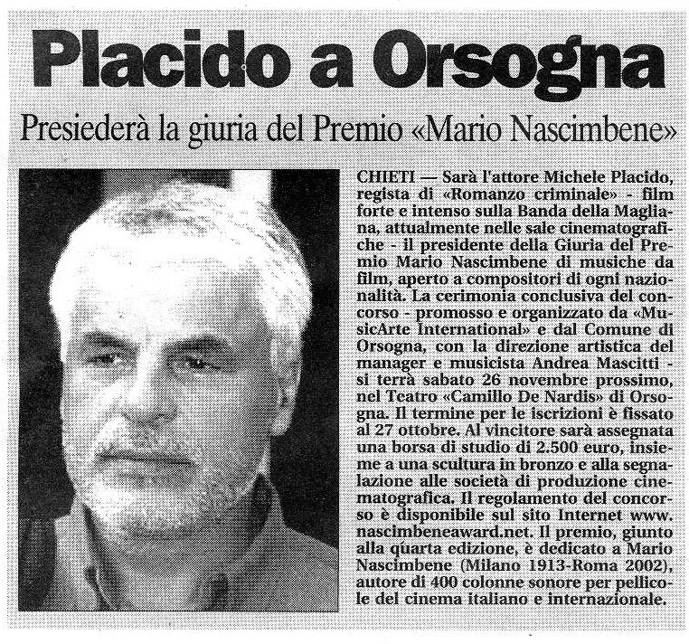 Articolo di giornale intitolato 'Placido a Orsogna' con una foto di Michele Placido, regista e attore italiano.