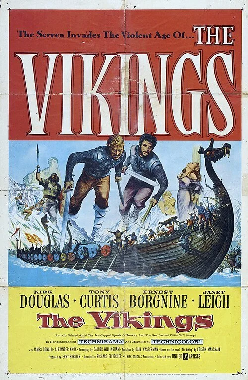 Locandina del film "The Vikings" con due guerrieri vichinghi in primo piano.