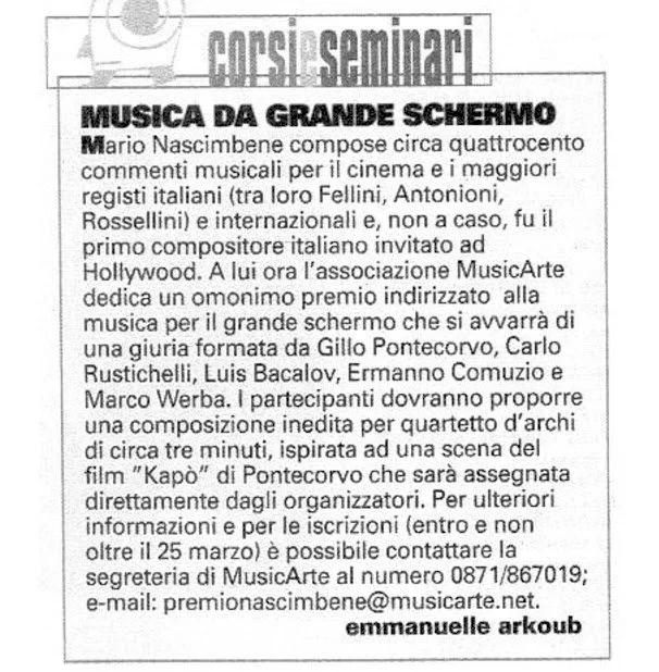 Annuncio su seminario di musica da grande schermo, dettagli sulla composizione per un cortometraggio e invito a partecipare.