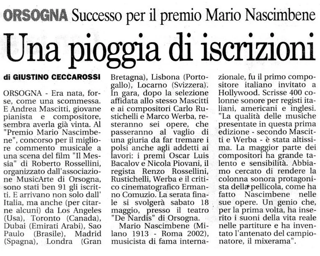 Articolo di giornale con titolo 'Una pioggia di iscrizioni' riguardante il premio Mario Nascimbene, con dettagli sulla selezione musicale, compositori, interpreti e evento di Orsogna.