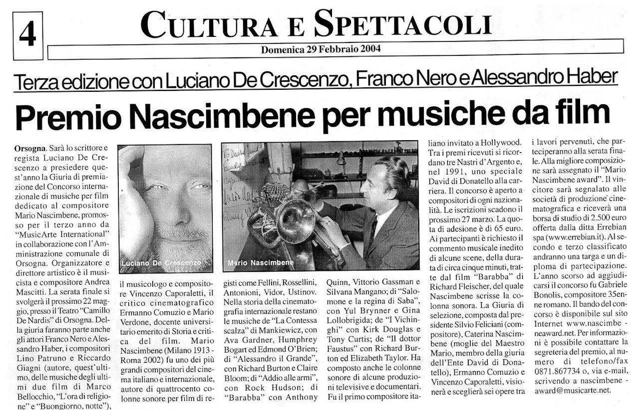 Articolo di giornale con titoli e foto di Luciano De Crescenzo e Mario Nascimbene.