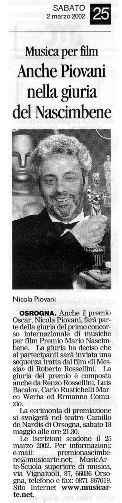 Articolo giornalistico. Annuncio del Premio Nascimbene conil  premio Oscar Nicola Piovani.