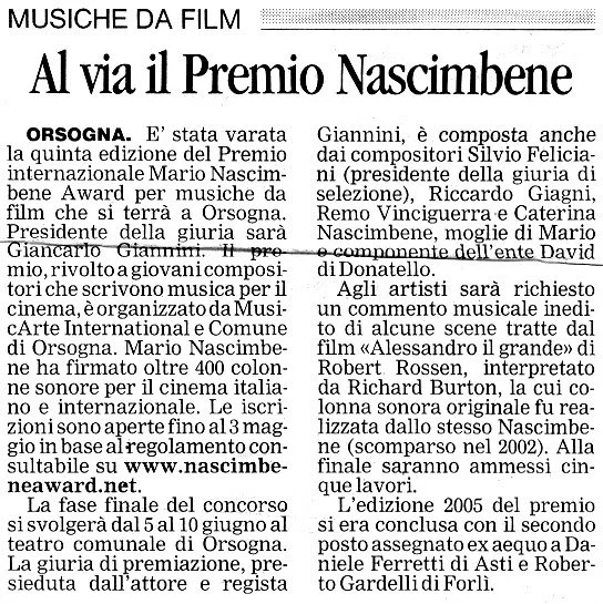 Articolo di giornale che annuncia il Premio Nascimbeni a Orsogna, con dettagli sul premio e i partecipanti