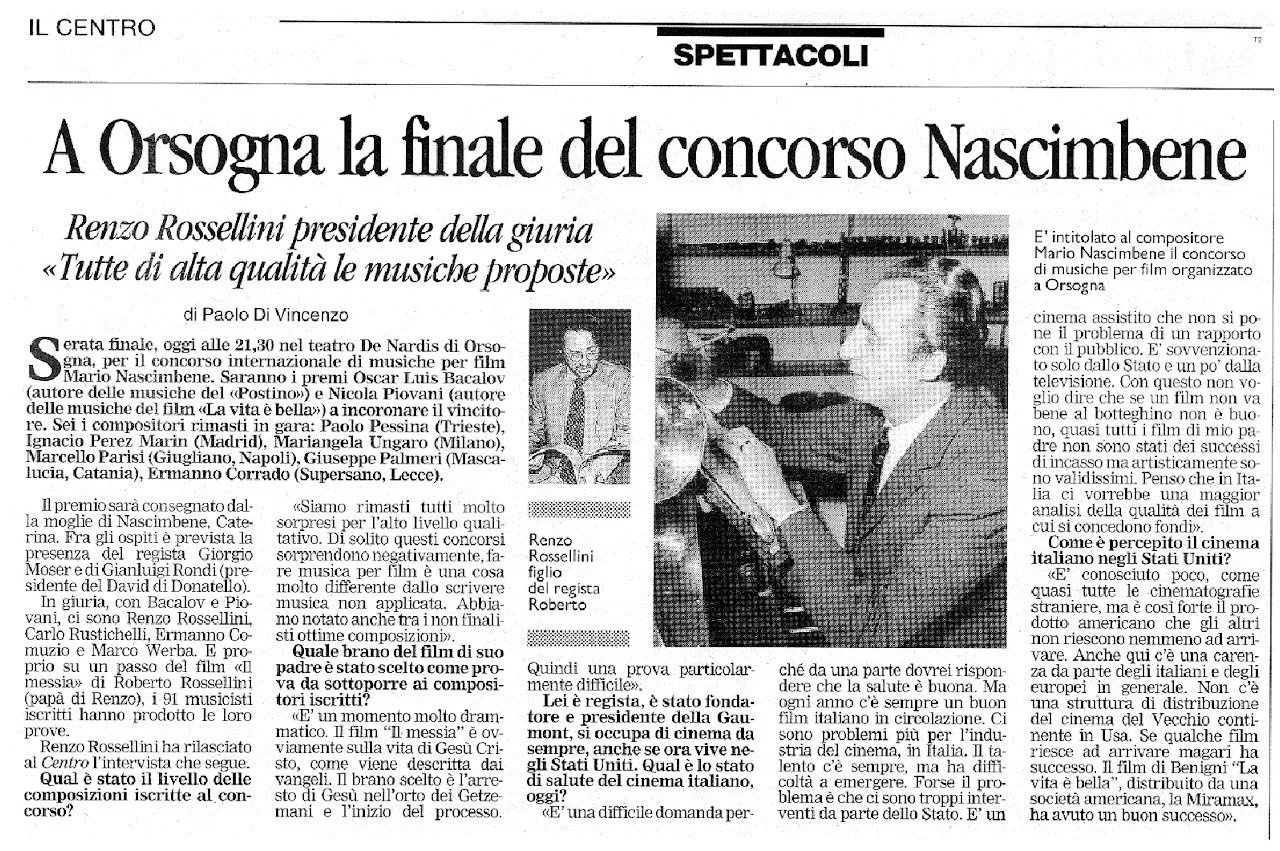 Articolo di giornale con titolo "A Orsogna la finale del concorso Nascimbene", foto di Renzo Rossellini e altri.