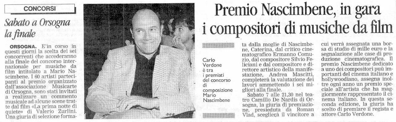 "Premio Nascimbene, in gara i compositori di musiche da film". Carlo Verdone nella foto.