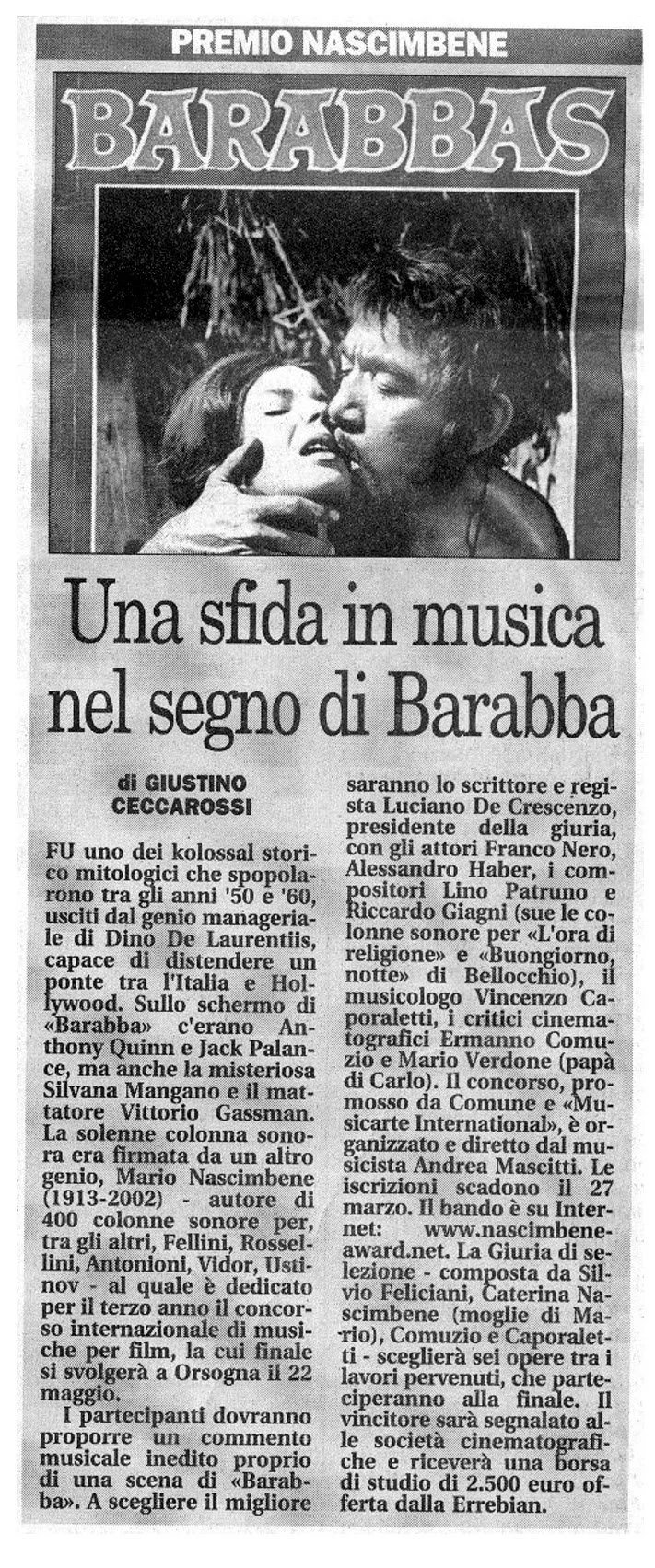 Copertina di un giornale con un'immagine in bianco e nero di una scena romantica tra un uomo e una donna, frase "Premio Nascimbene" e titolo "Una sfida in musica nel segno di Barabba".