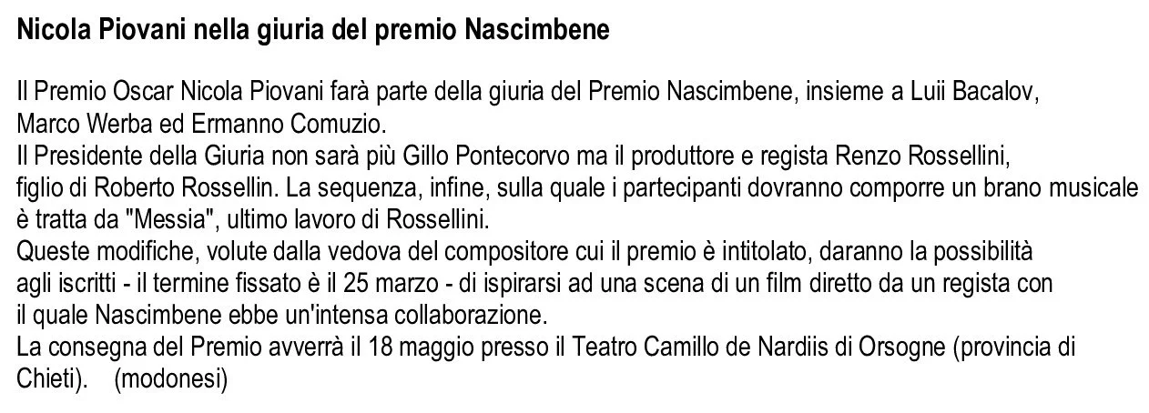 Articolo giornalistico. Testo che descrive la partecipazione di Nicola Piovani come membro della giuria del Premio Nascimbene.