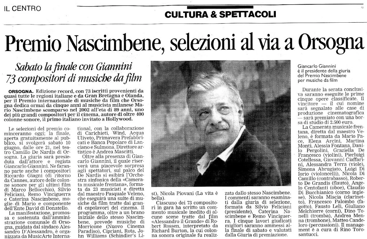 Articolo di giornale con titolo "Premio Nasimbene, selezioni al via a Orsogna" e una fotografia di Giancarlo Giannini.