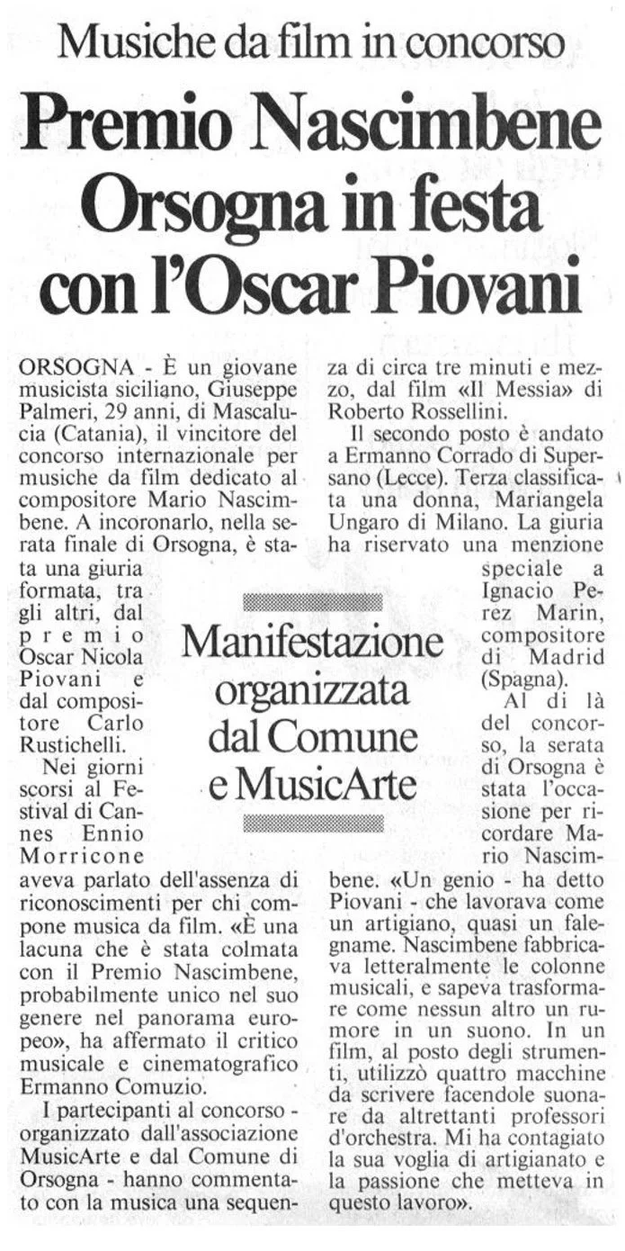 Notizia di del Premio musicale dedicato al compositore Mario Nascimbene, vinto da Giuseppe Palmeri, con dettagli sulla manifestazione organizzata dal Comune di Orsogna e MusicArte.