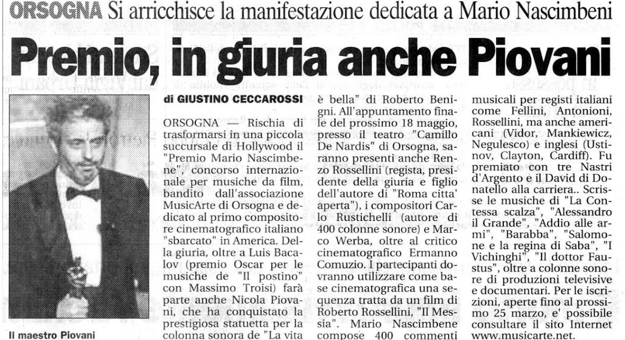 Articolo di giornale che annuncia un premio musicale dedicato a Mario Nascimbene, con una foto in bianco e nero di Nicola Piovani che tiene il Premio Oscar.