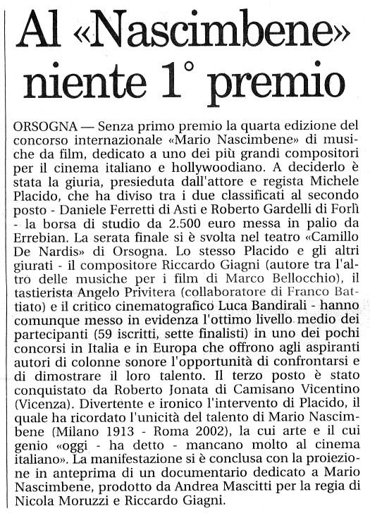 Articolo in italiano riguardante il premio vinto da Mario Nascimbene, con dettagli sulla cerimonia e i partecipanti.