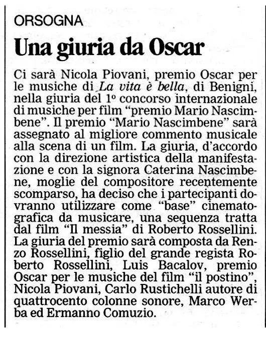 Articolo di giornale che parla di una giuria da Oscar a Orsogna, includendo dettagli sui membri e il premio per la musica nel cinema.