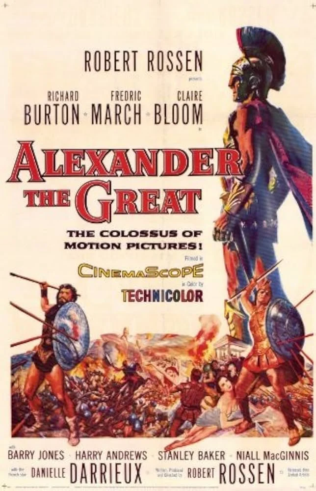 Locandina del film "Alexander the Great", con un'immagine di un guerriero con elmo e corazza, e scene di battaglia sullo sfondo.
