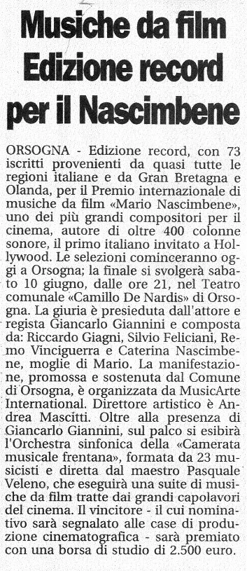 Annuncio stampa in italiano riguardante l'edizione record di un film 'Mario Nascimbenè' a Nascimene, con dettagli sulla produzione, il cast, e l'evento di premiazione a Orsogna.