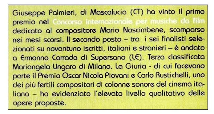 Testo informativo su Giuseppe Palmieri e il premio ottenuto al concorso internazionale per musiche da film dedicato a Mario Nascimbene.