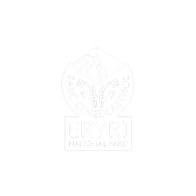 Logo of Eryri National Park featuring a mountain, a lake, and trees with the text 'Parc Cenedlaethol Eryri' and 'National Park'.