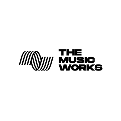 Logo with stylized black and white wave design and the words 'The Music Works' in bold black font
