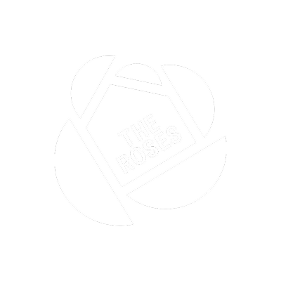 Black and white image of a tennis racket with the words 'The Roses' inside the strings.