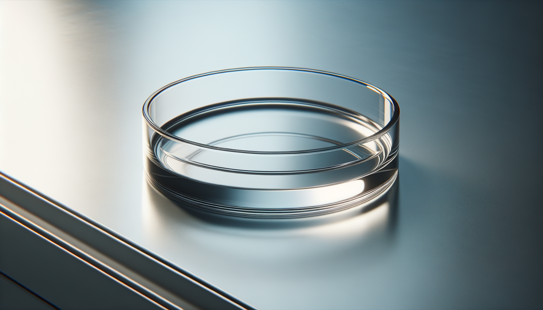 Close-up of a clear empty petri dish on a metallic surface with a gradient background.
