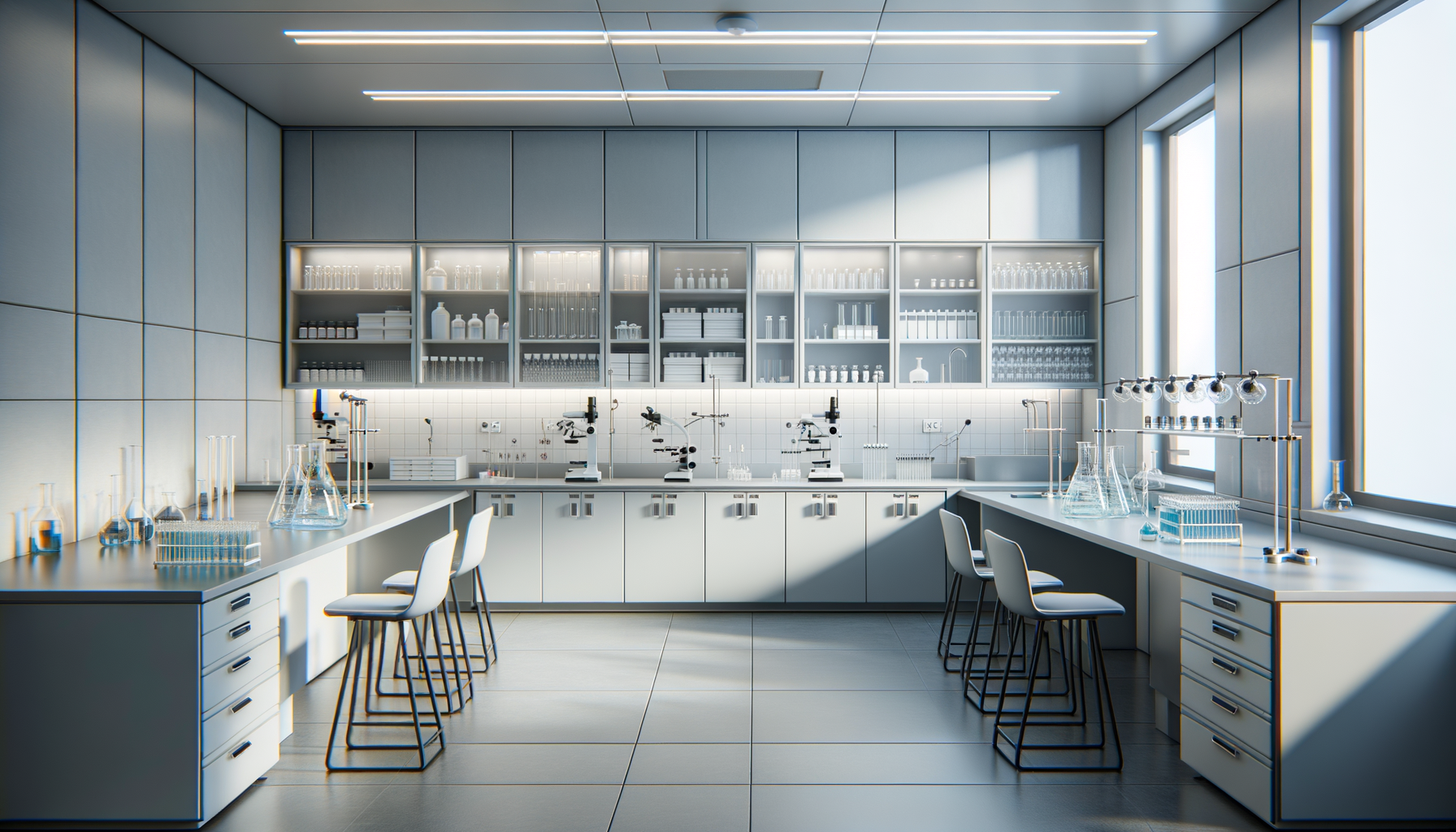 A modern laboratory with white countertops, lab equipment, and four microscopes, illuminated by natural light through large windows.