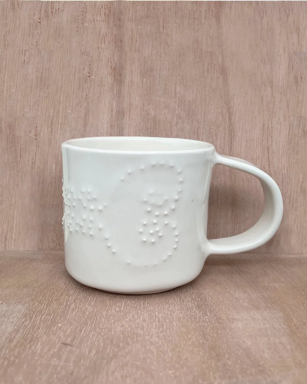 Adorned Heart Mug, Ceramic Mug, white clay and white glaze, embossed dot details, Decoration Saves