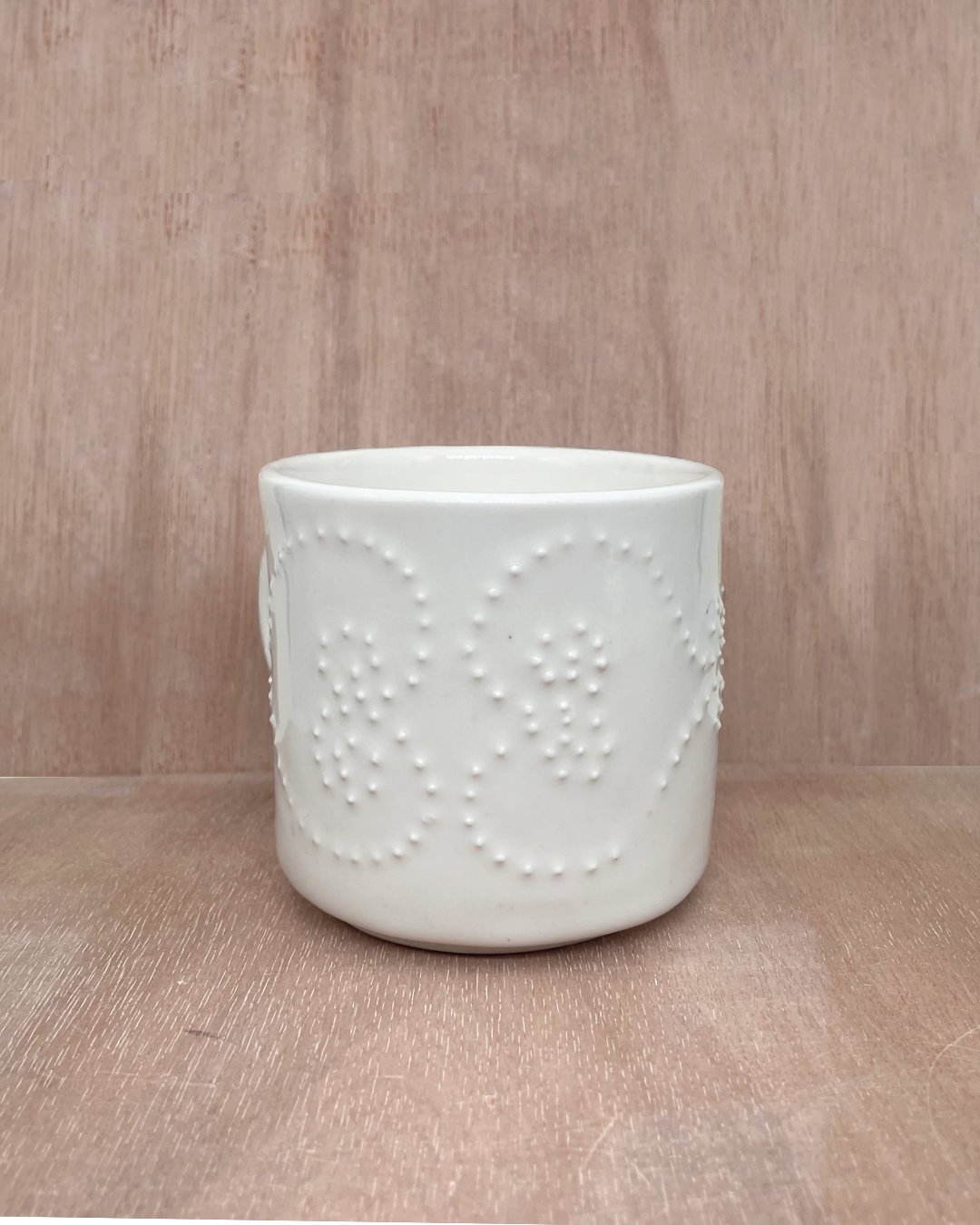 Adorned Heart Mug, Ceramic Mug, white clay and white glaze, embossed dot details, Decoration Saves
