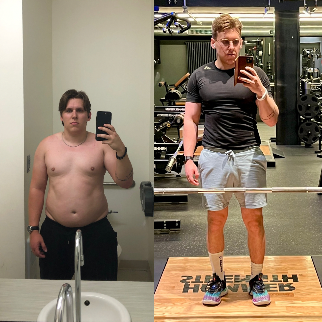Comparison of Zachary Rioux before and after weight loss: left side shows him shirtless in a bathroom mirror, and right side shows him at the gym in workout clothes standing in front of gym equipment.