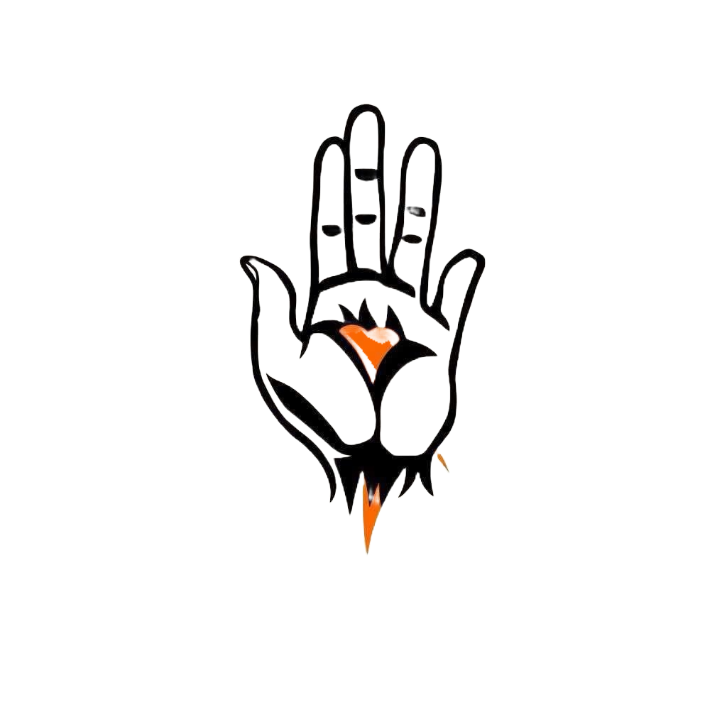 Illustration of a stylized open hand with orange heart shape and abstract patterns on black background.