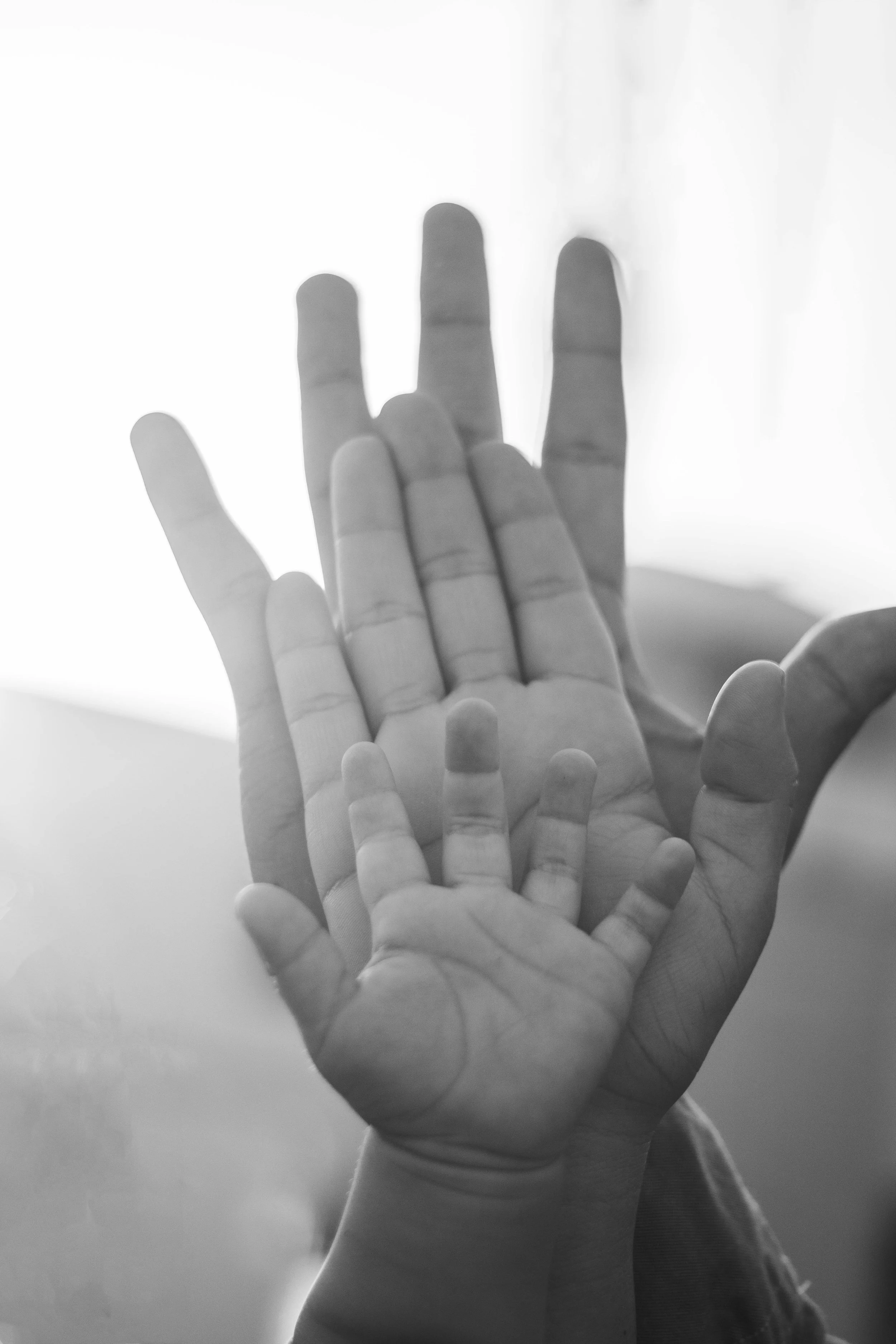 Black and white photo of multiple hands layered atop each other, with a small child's hand at the bottom and an adult's hand at the top. family, children, parents, infertility, developmental struggles.