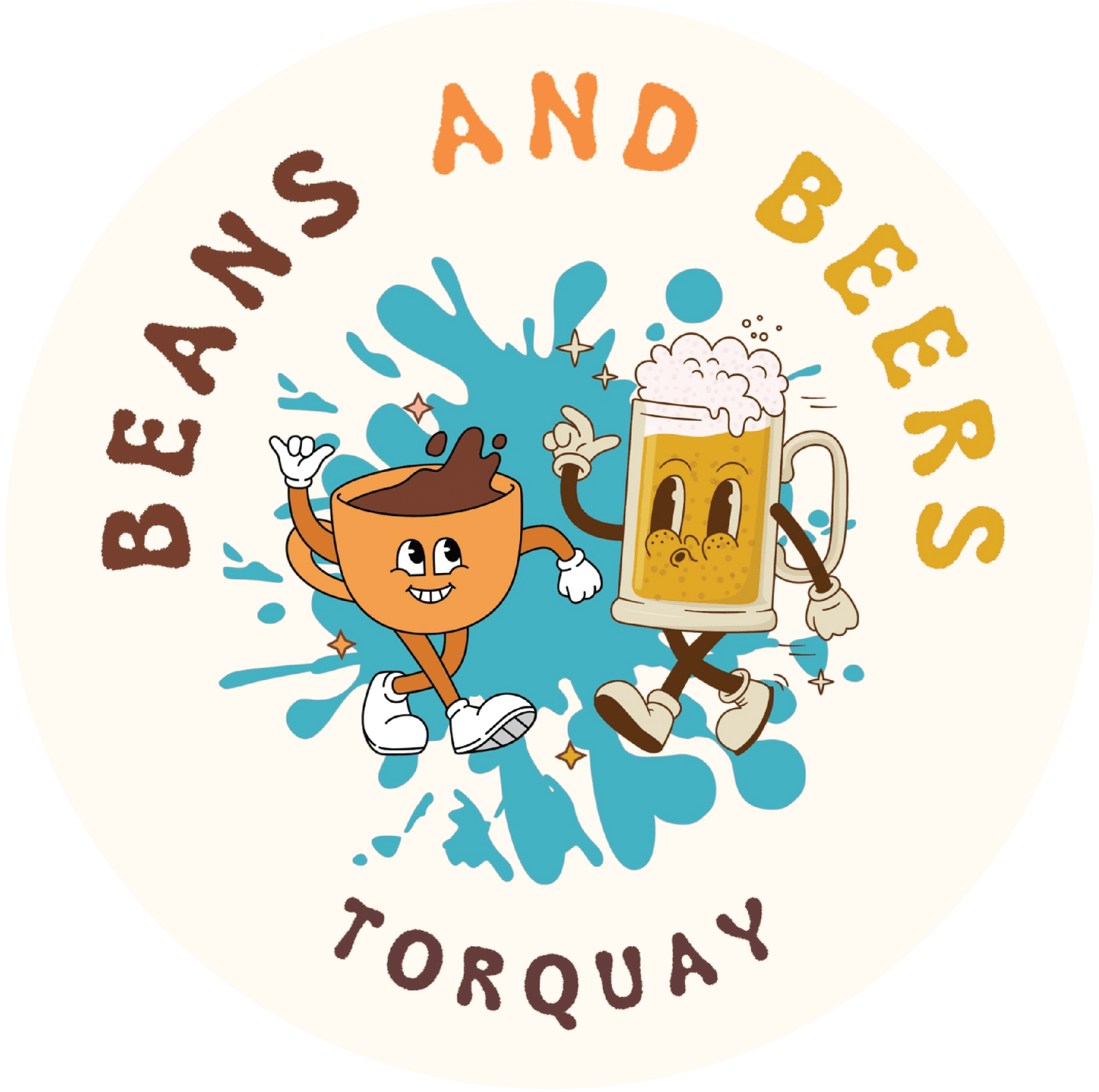 A logo featuring a cartoon coffee cup and beer mug with smiling faces, holding hands and walking together, surrounded by blue splashes and the text 'BEANS AND BEERS' on top and 'TORQUAY' at the bottom.