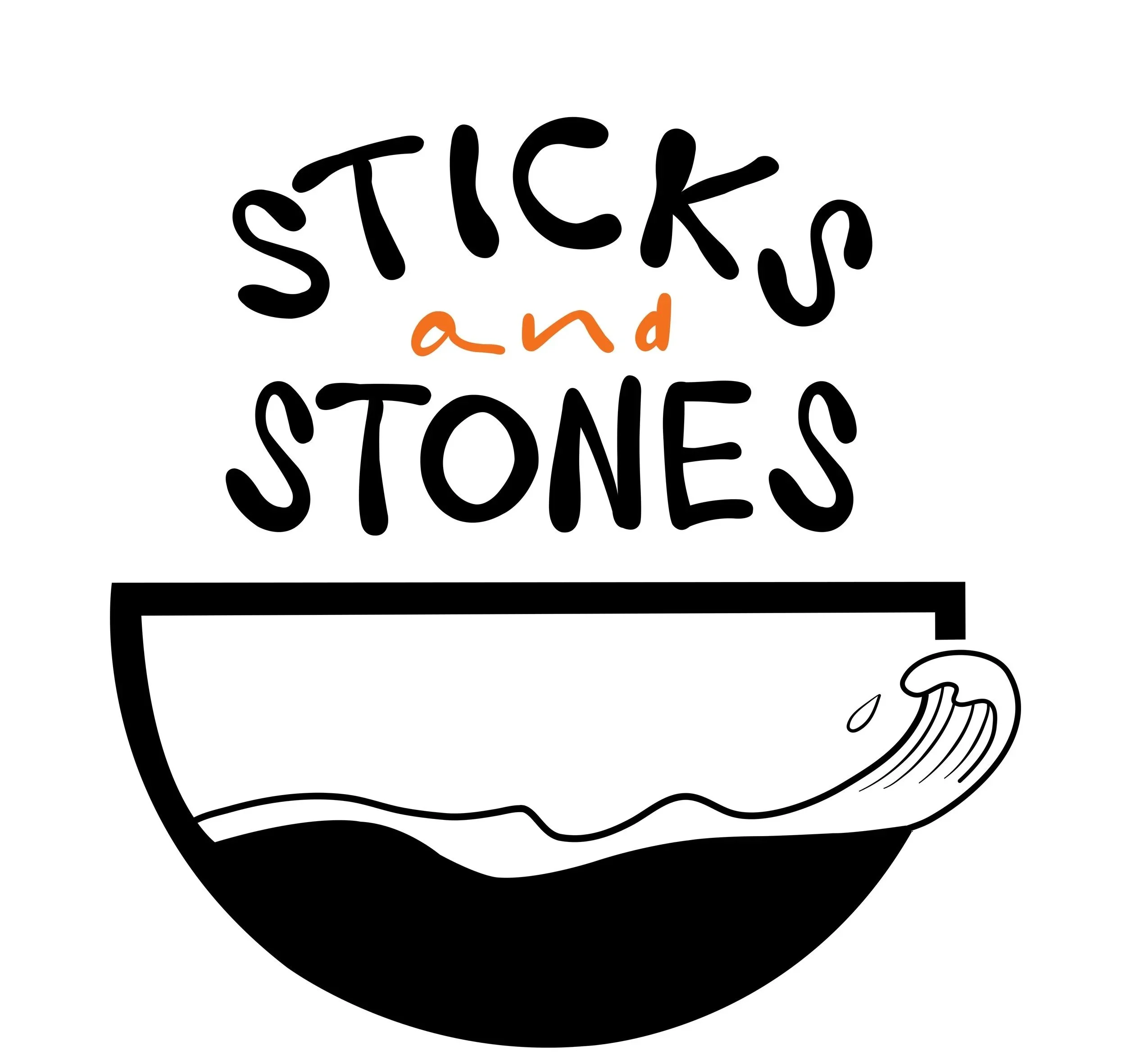 Black and white illustration of a wave in a coffee mug with the words 'Sticks and Stones' written on it, with a small droplet coming from the mug.