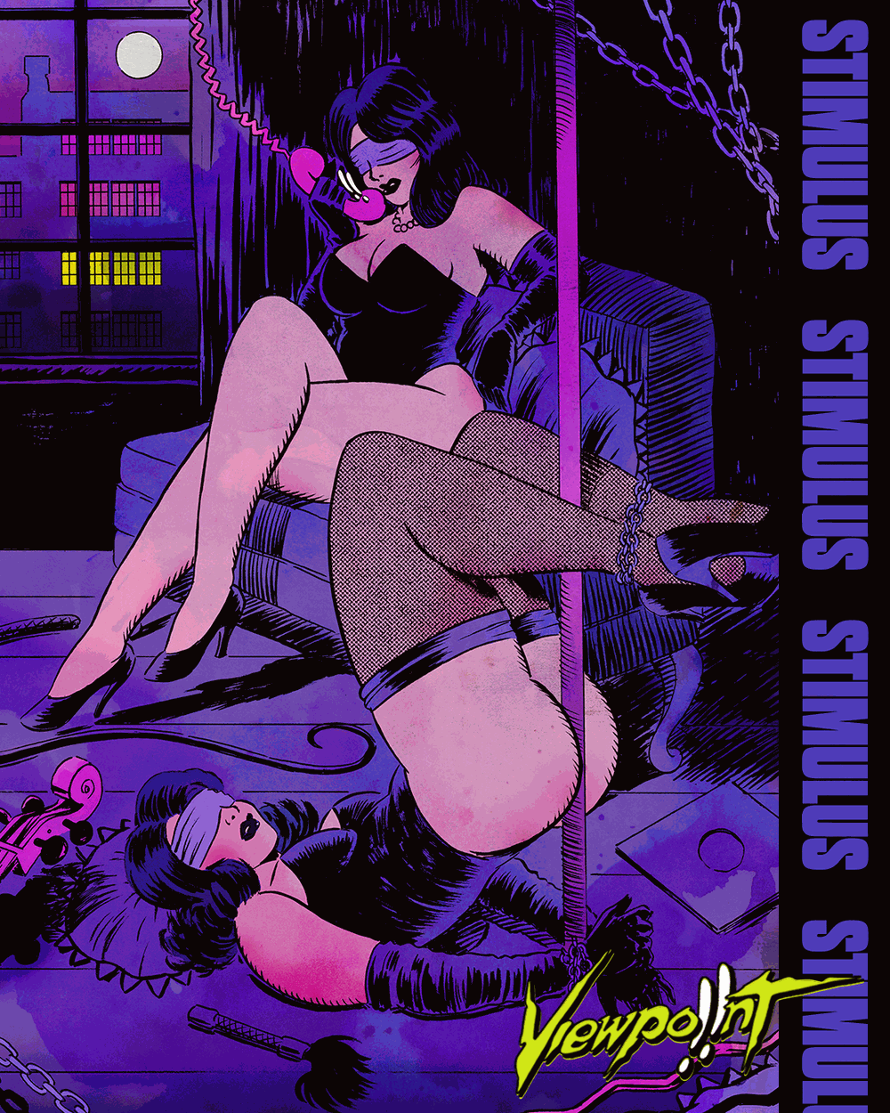 A comic-style illustration of two women with dark hair on a purple-lit room with a city view. One woman is sitting on a bench with a pink vibrator near her face, while the other woman is lying on the floor with her legs up, wearing fishnet stockings 