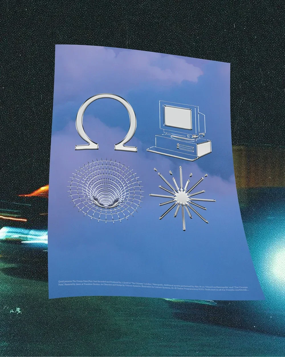 Blue sheet with white line drawings of a Greek letter Omega, a computer monitor and desk, a circular wire grid, and a starburst shape